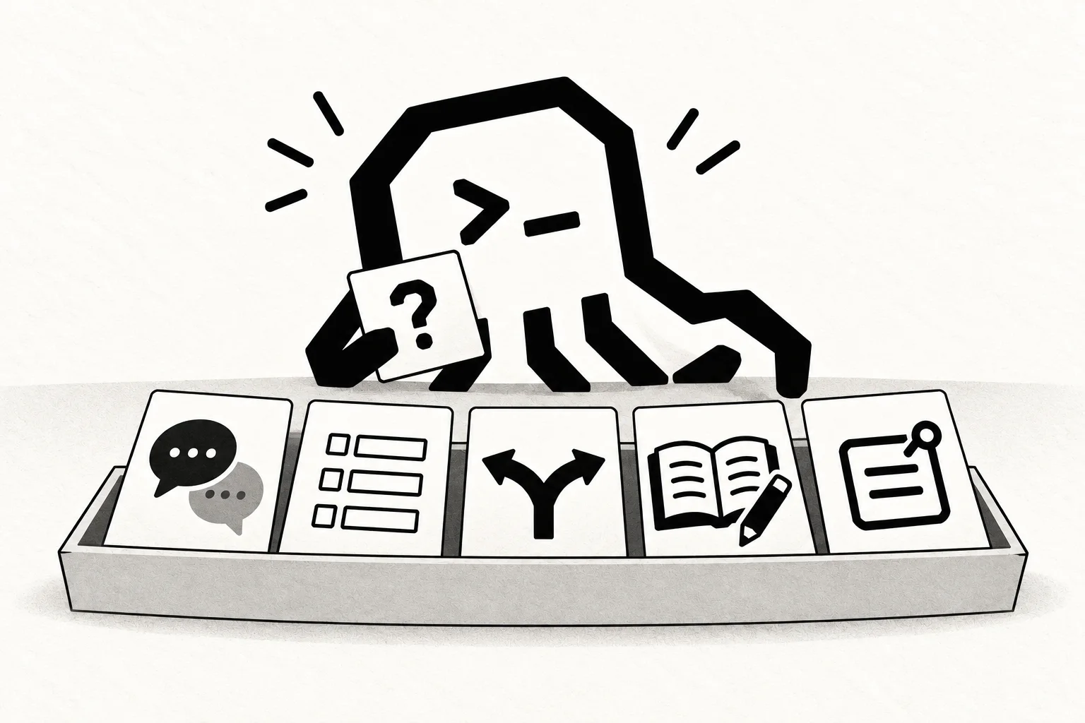 An octopus considers a task note beside five equally presented cards showing conversation, a questionnaire, alternative paths, learning practice, and instruction review.