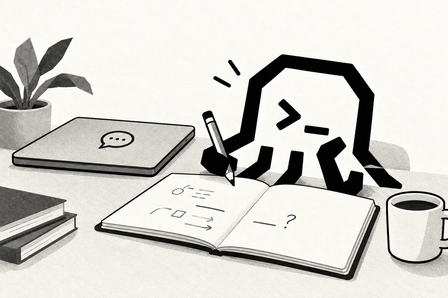 An octopus pauses over an unfinished notebook exercise with a question mark, beside a closed laptop bearing a chat-bubble symbol.