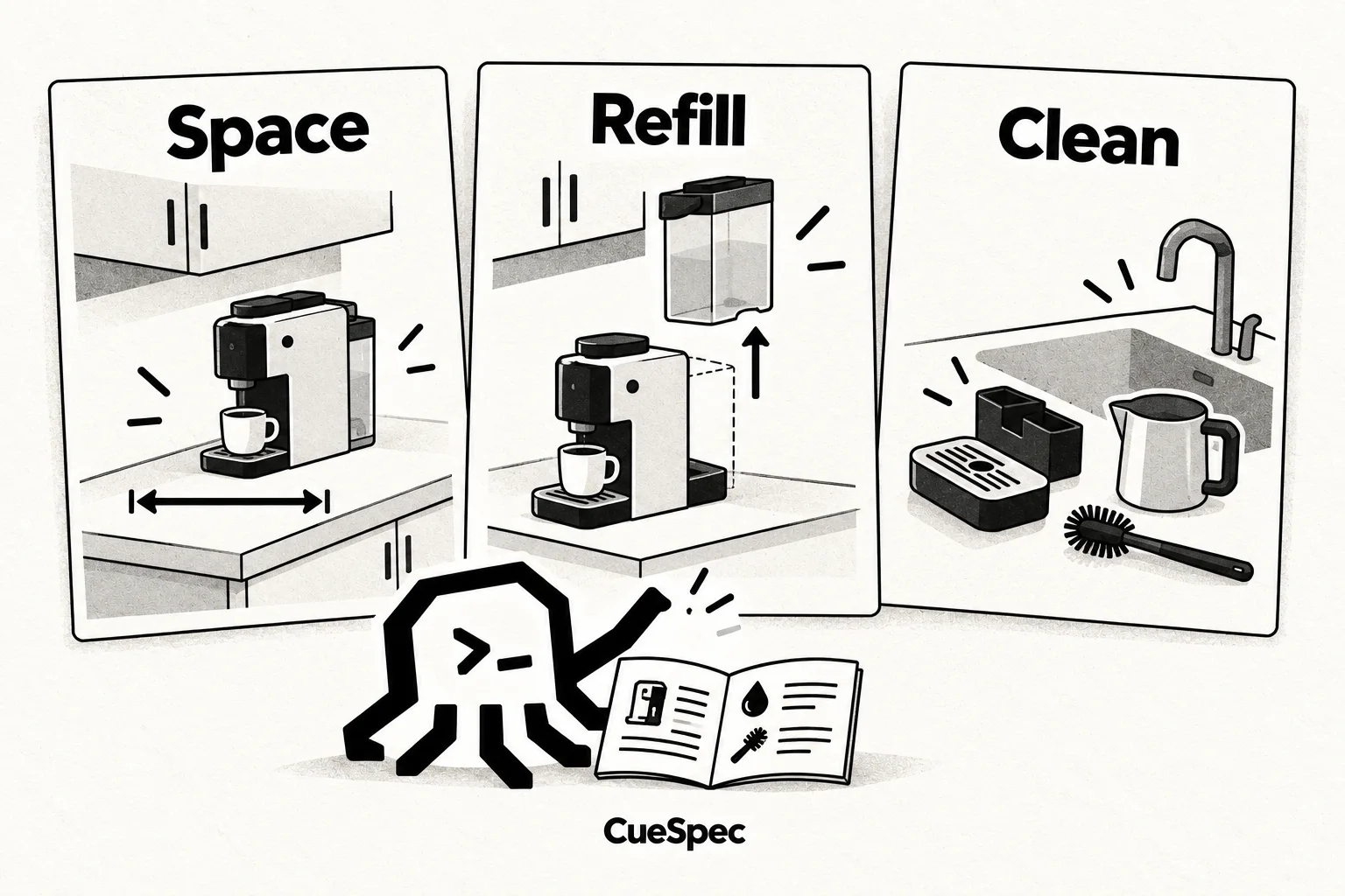 Three illustrated panels show checking counter space, clearance to lift a coffee machine's water tank, and parts that need cleaning, with an octopus consulting a manual.