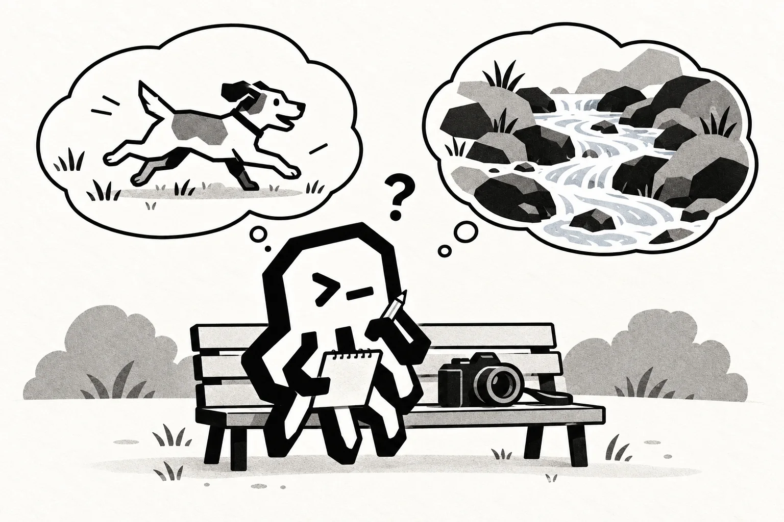 An octopus pauses with a pencil and blank note on a park bench, a camera beside it, imagining a running dog and flowing creek in separate thought bubbles.