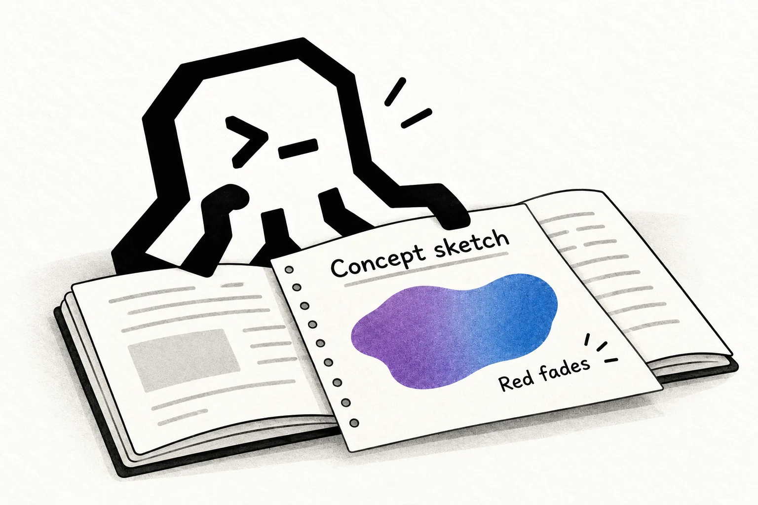 An octopus studies a Concept sketch showing one abstract swatch shifting from violet to blue beside the words Red fades.