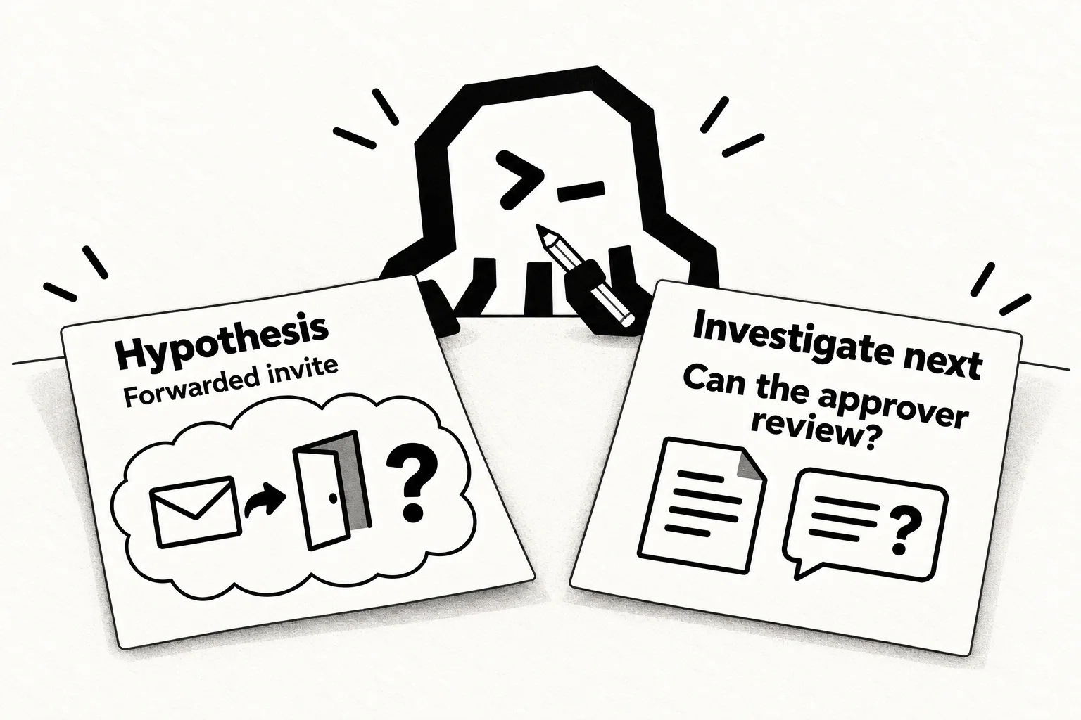 八爪鱼对照两张便条：Hypothesis的思考气泡画出转发邀请、入口和问号；Investigate next提出Can the approver review?这一待查问题。