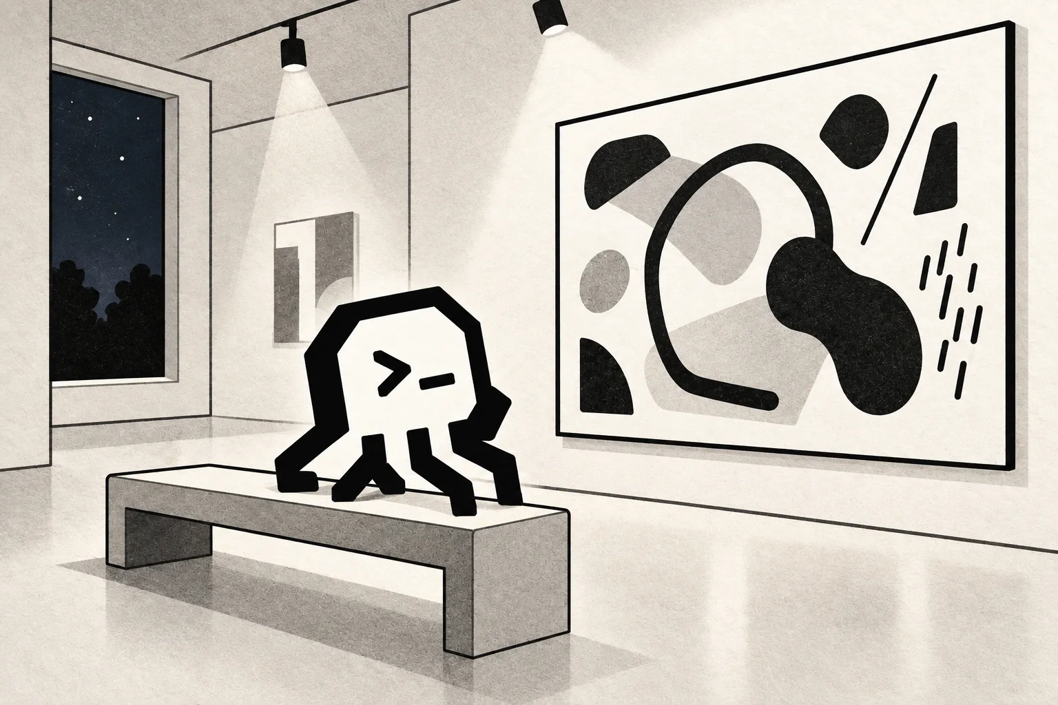 An octopus sits on a bench in an imagined gallery, looking toward an abstract artwork with an evening sky visible through the window.