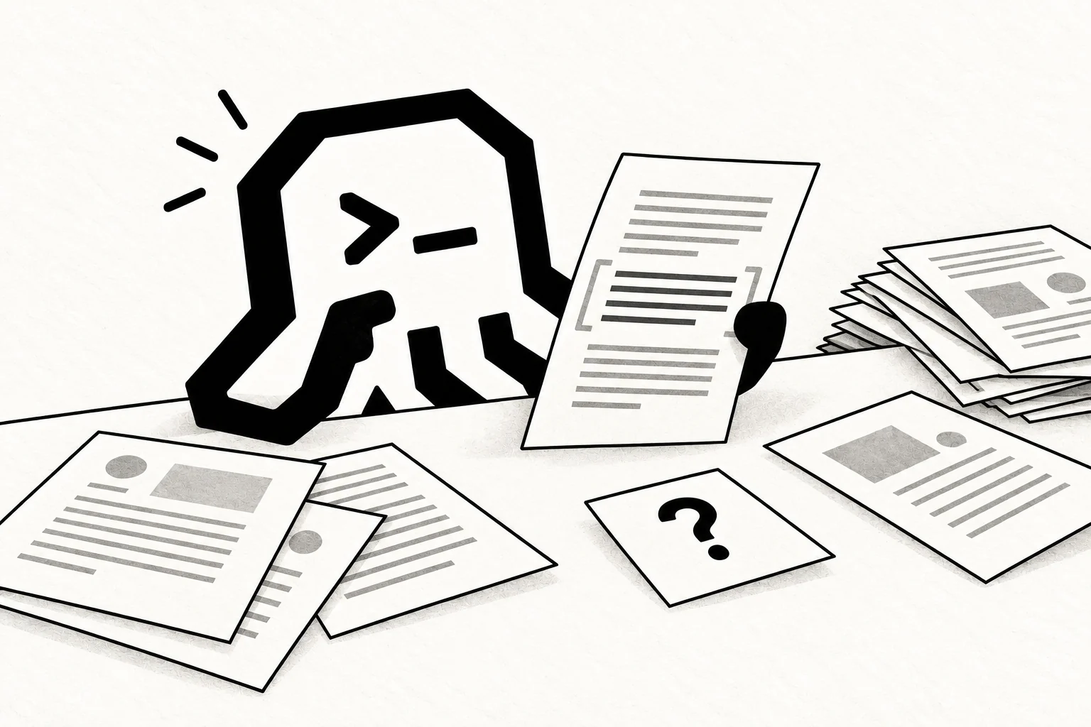 An octopus examines a bracketed paragraph on one sheet among a pile of documents, with a question-mark note on the desk.