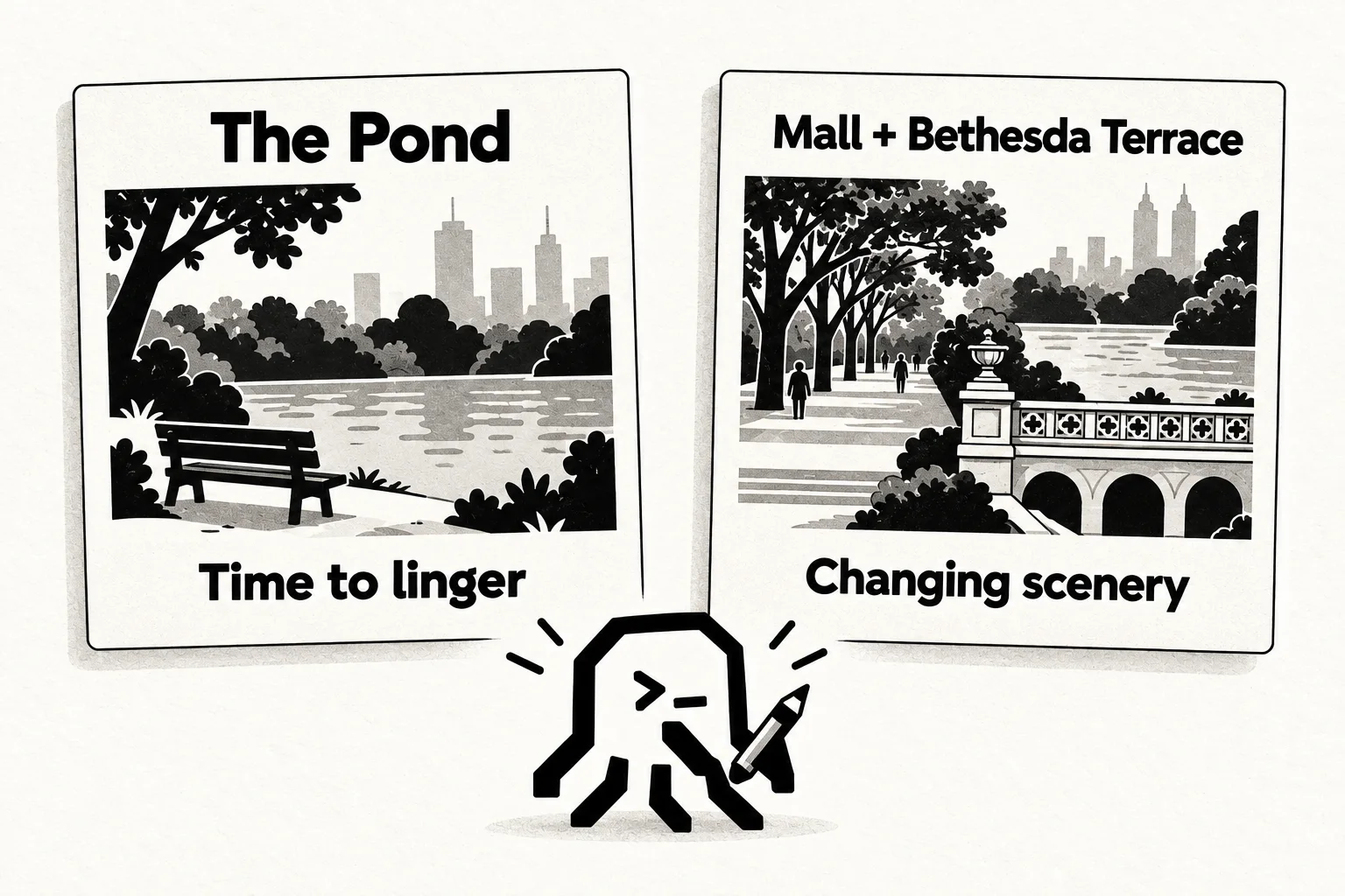 Two illustrated cards compare The Pond and Time to linger with Mall + Bethesda Terrace and Changing scenery; both show water, while the latter combines elm trees and terrace architecture.