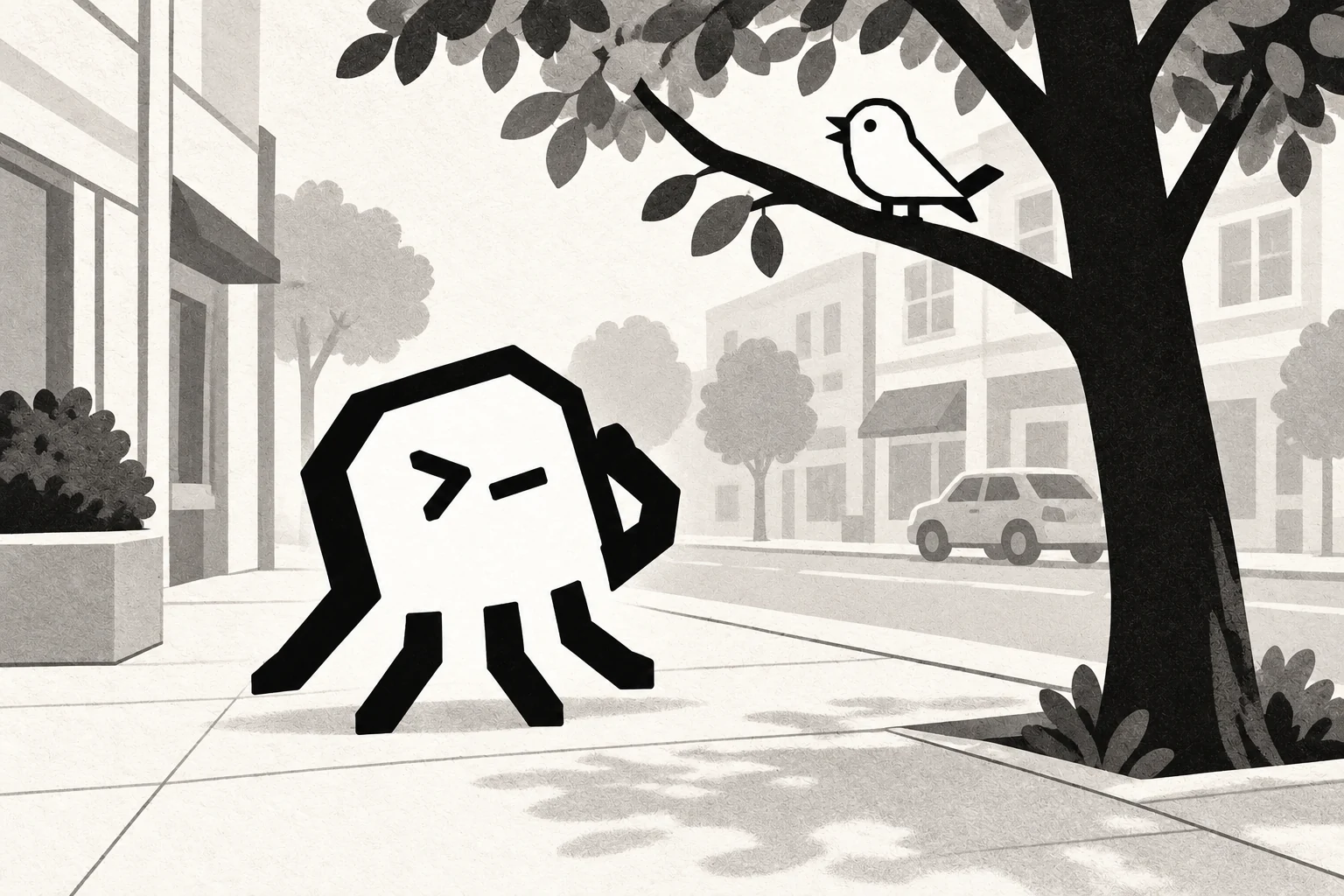 An octopus pauses under a street tree near a small unlabelled bird, with city buildings and a distant car behind.