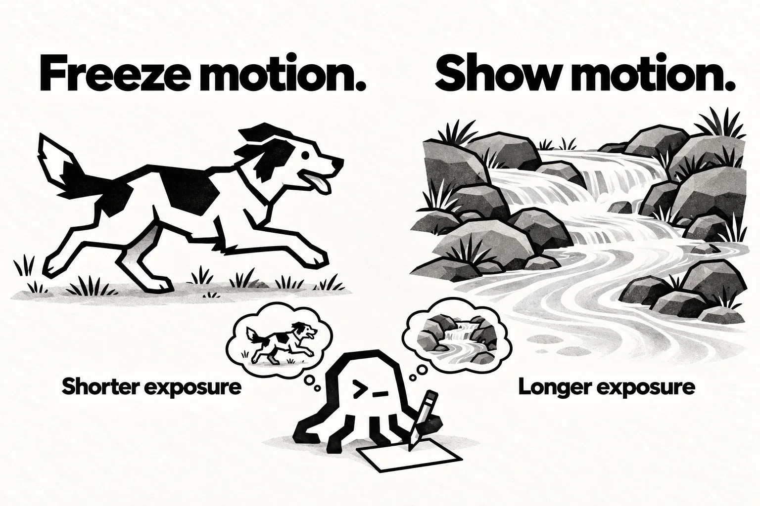An octopus compares a sharply outlined running dog labeled Freeze motion and Shorter exposure with ribbon-like creek water labeled Show motion and Longer exposure.