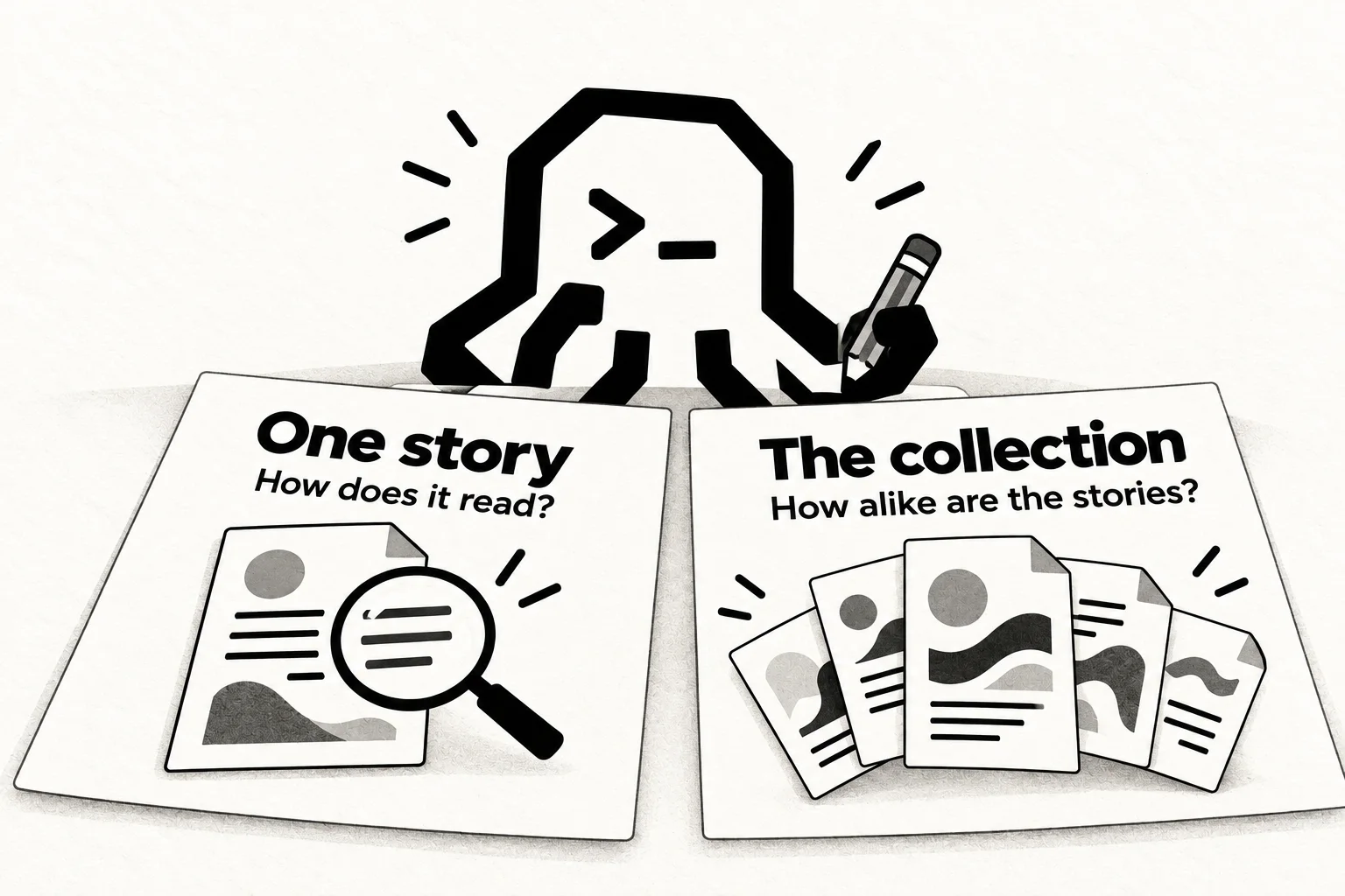 An octopus compares a single story under a magnifying glass with a collection of papers showing related but varied abstract shapes.