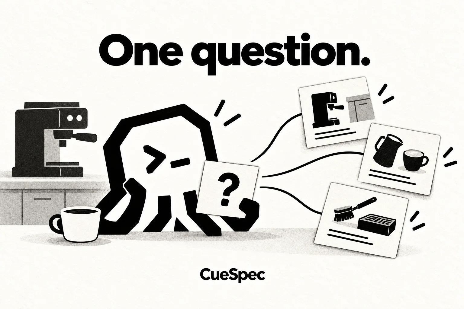 An octopus studies a question beside a coffee machine, with three paths leading to cards about space, milk preparation and cleaning.