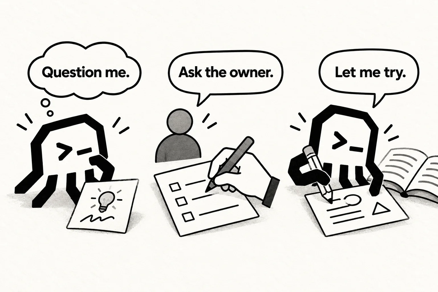 Three separate vignettes say Question me., Ask the owner., and Let me try., showing an unsettled idea, a questionnaire for a knowledgeable person, and learning through practice.