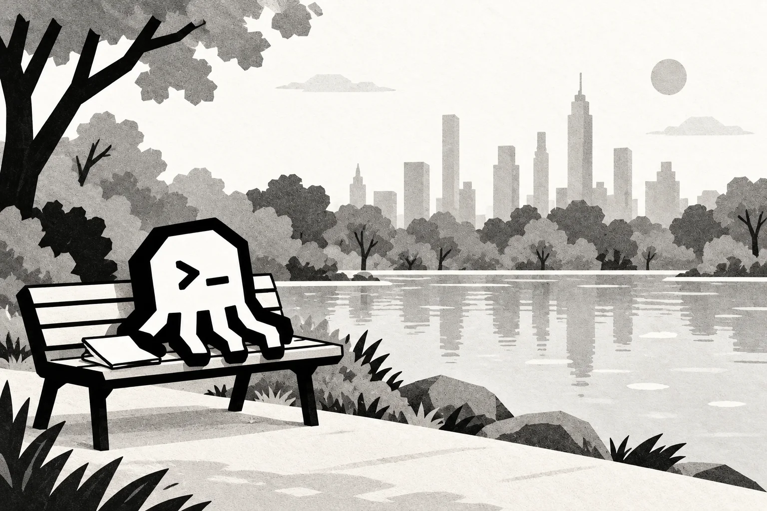 An octopus sits on a park bench beside water, with a blank folded note nearby and a stylized city skyline beyond the trees.